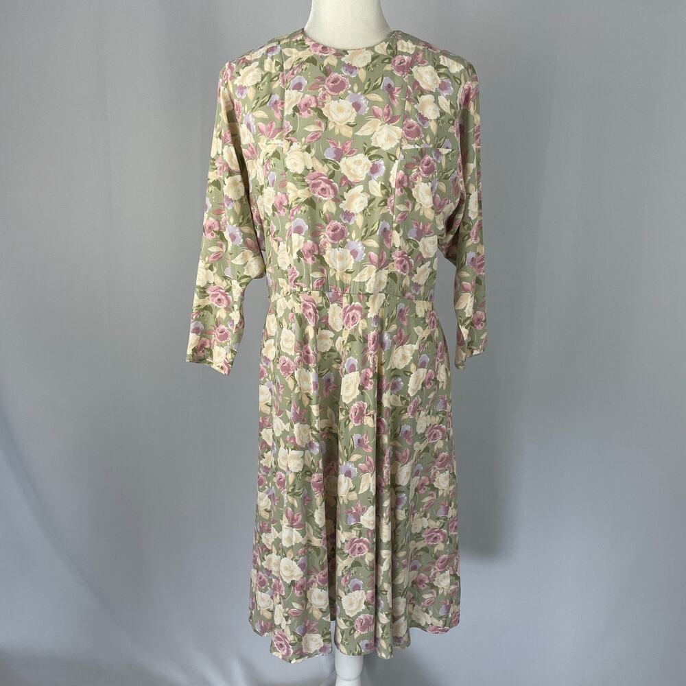 Vtg Midi Dress Size 4 Green Pink Floral Botanical A Line Cottage Garden 80s 90s
